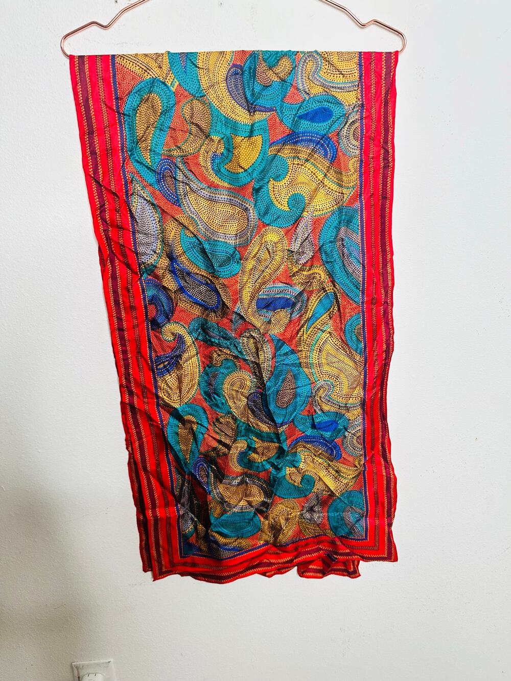 Vintage PERRY ELLIS 100% Silk Multicolor Paisley Red Border 70s/80s Scarf
